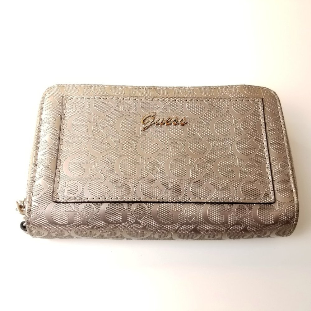 Guess Grey Wallet Purse Zip Around Clutch Bag with Logo Design - Very Good
